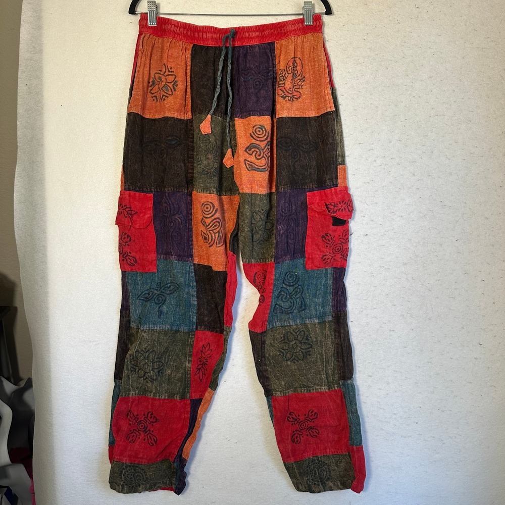 Rising International Patchwork Cargo Pants Multi Color Block Print Boho Hippie
